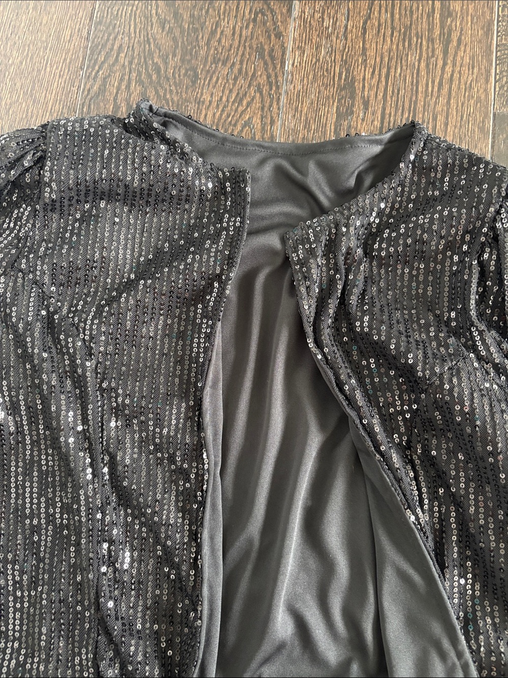 Black Sequin Open-Front Women's Jacket - Picture 3 of 5